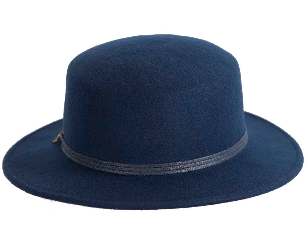 Wide brim navy ladies winter black felt boater by Cupids Millinery