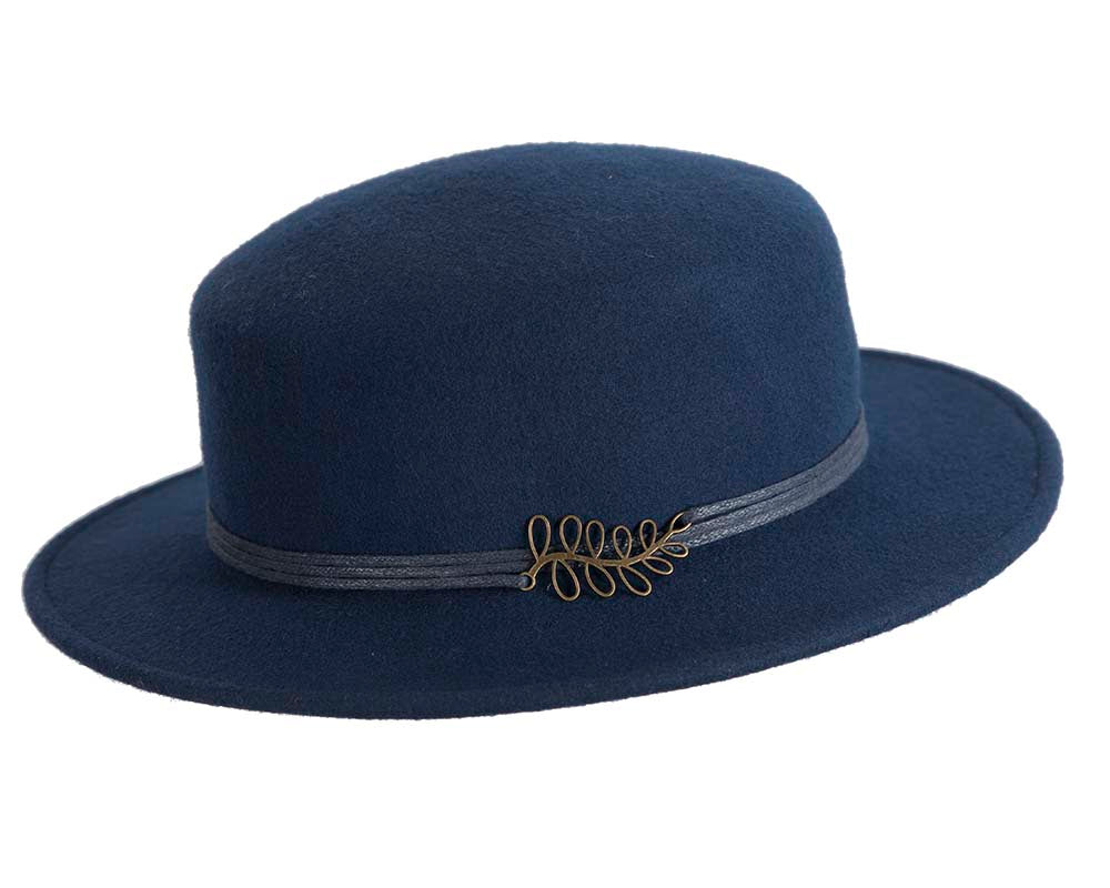 Wide brim navy ladies winter black felt boater by Cupids Millinery