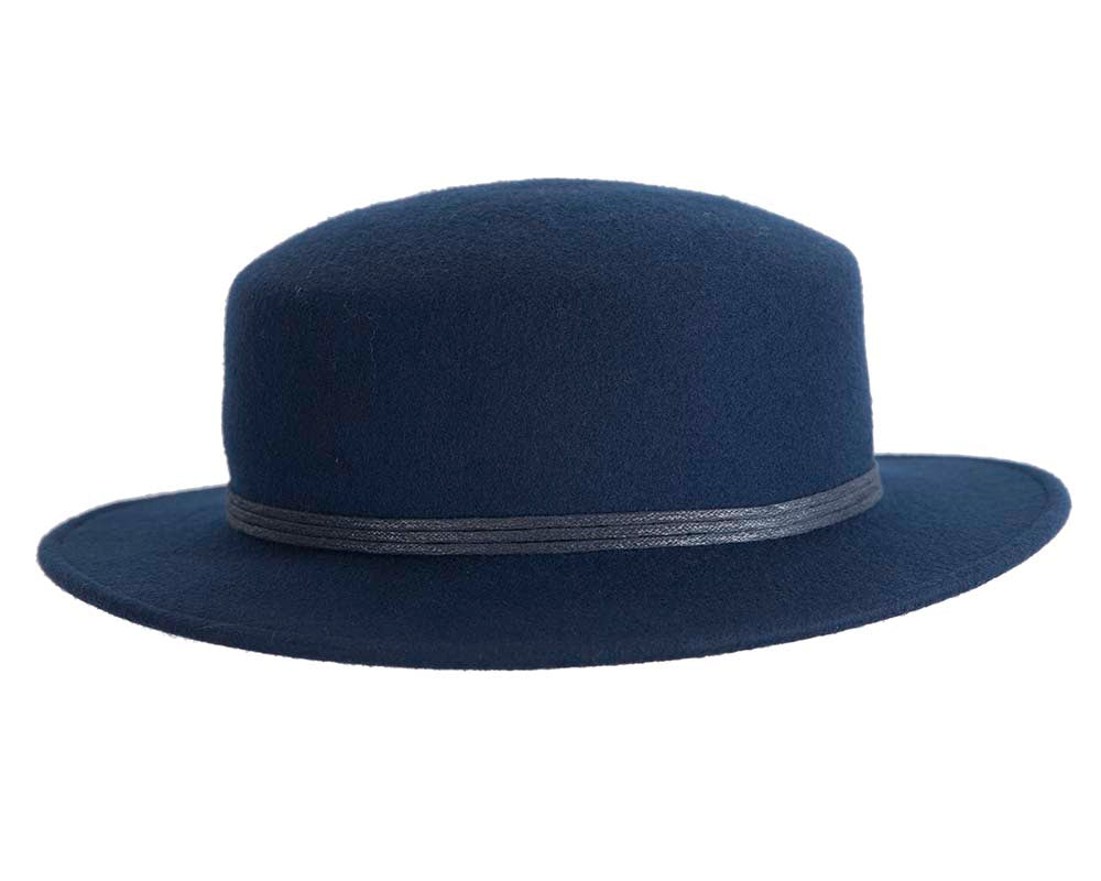 Wide brim navy ladies winter black felt boater by Cupids Millinery