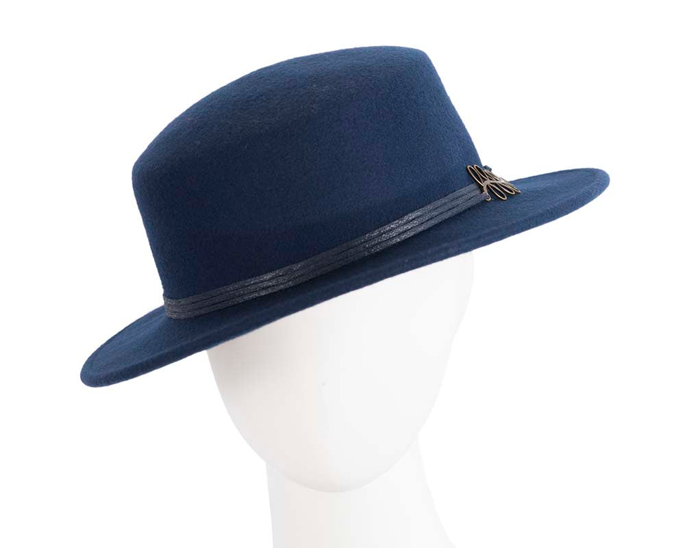 Wide brim navy ladies winter black felt boater by Cupids Millinery