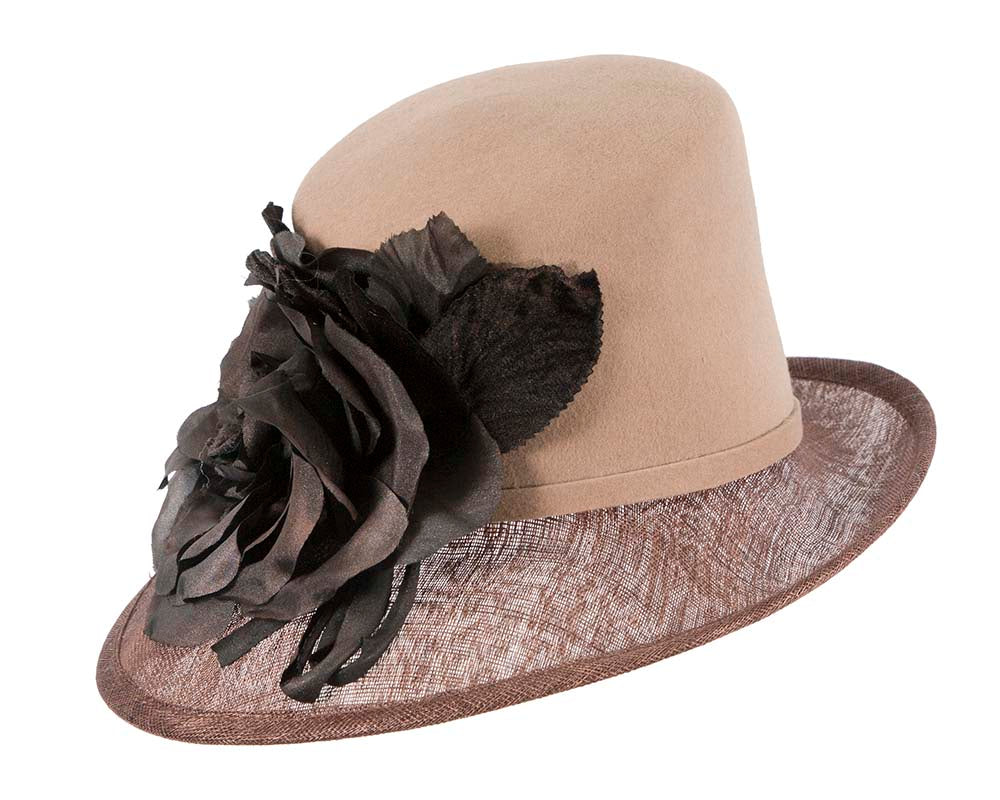 Exclusive cofee ladies winter fashion hat with flower by Cupids Millinery