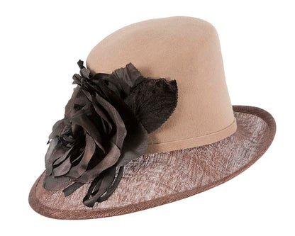 Exclusive cofee ladies winter fashion hat with flower by Cupids Millinery
