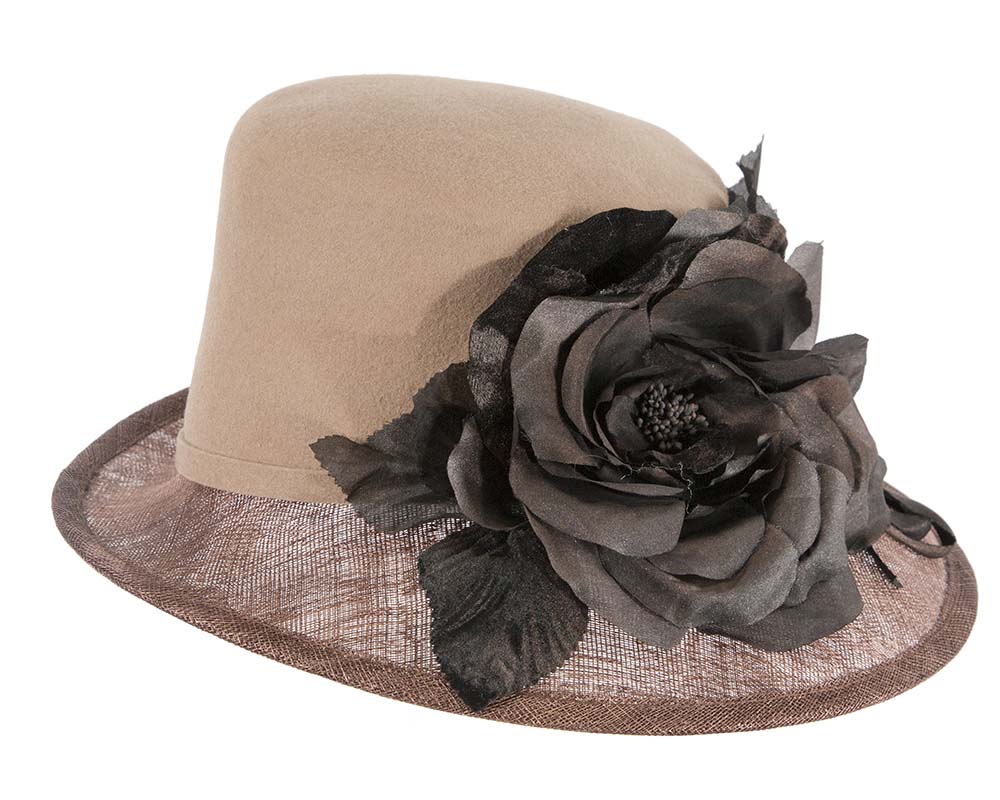 Exclusive cofee ladies winter fashion hat with flower by Cupids Millinery