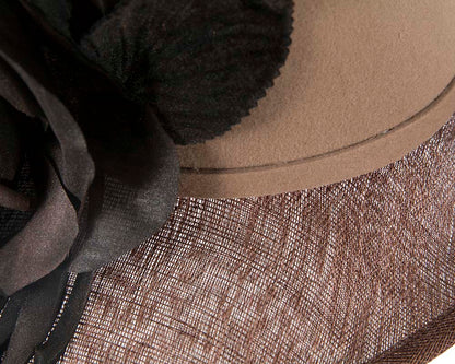 Exclusive cofee ladies winter fashion hat with flower by Cupids Millinery