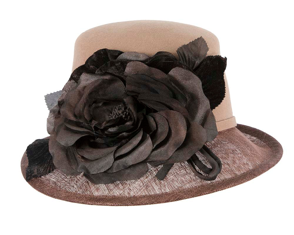 Exclusive cofee ladies winter fashion hat with flower by Cupids Millinery