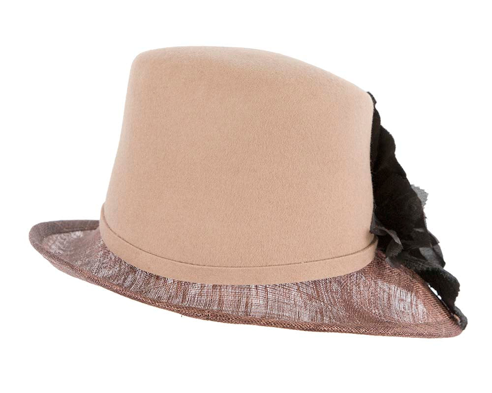 Exclusive cofee ladies winter fashion hat with flower by Cupids Millinery