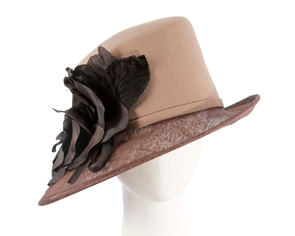 Exclusive cofee ladies winter fashion hat with flower by Cupids Millinery