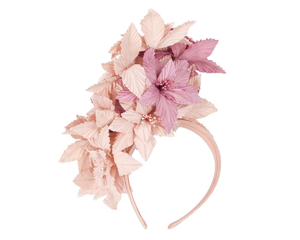 Bespoke pink flowers fascinator headband by Cupids Millinery