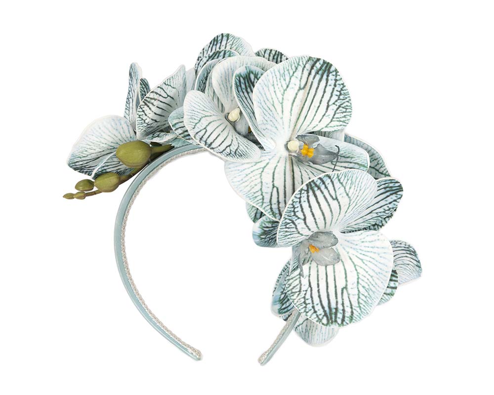 Bespoke light blue orchid flower headband by Fillies Collection