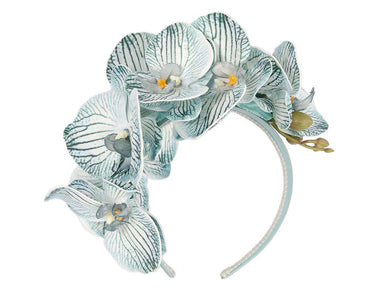 Bespoke light blue orchid flower headband by Fillies Collection