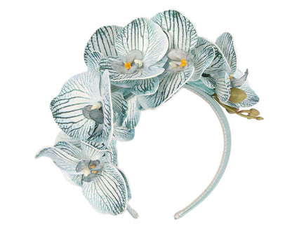 Bespoke light blue orchid flower headband by Fillies Collection