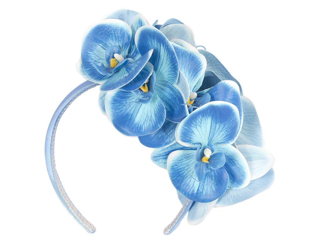 Bespoke blue orchid flower headband by Fillies Collection