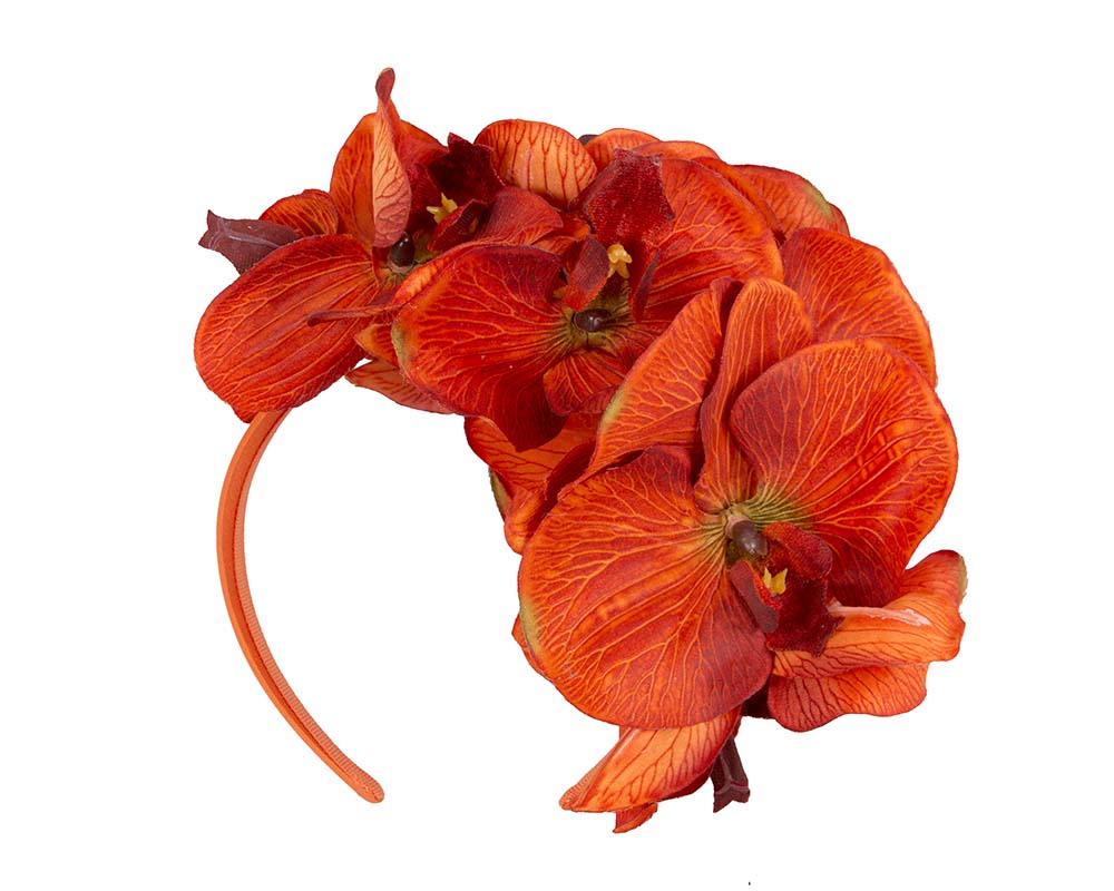 Bespoke burnt orange orchid flower headband by Fillies Collection