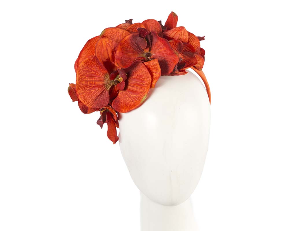 Bespoke burnt orange orchid flower headband by Fillies Collection