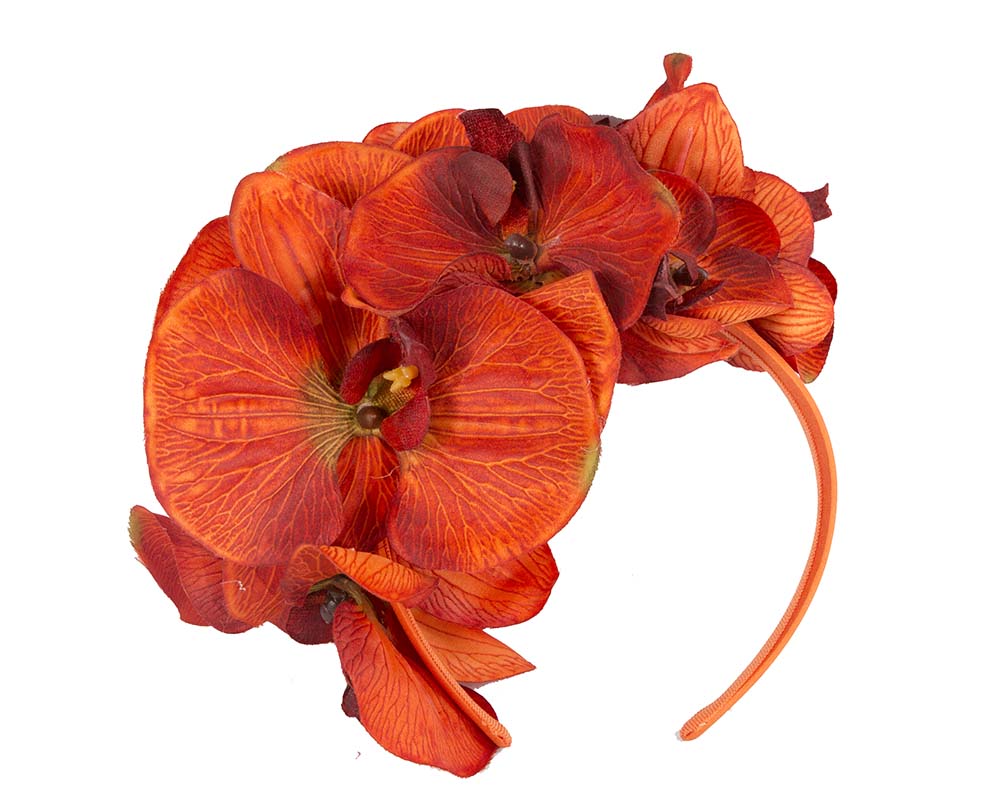 Bespoke burnt orange orchid flower headband by Fillies Collection