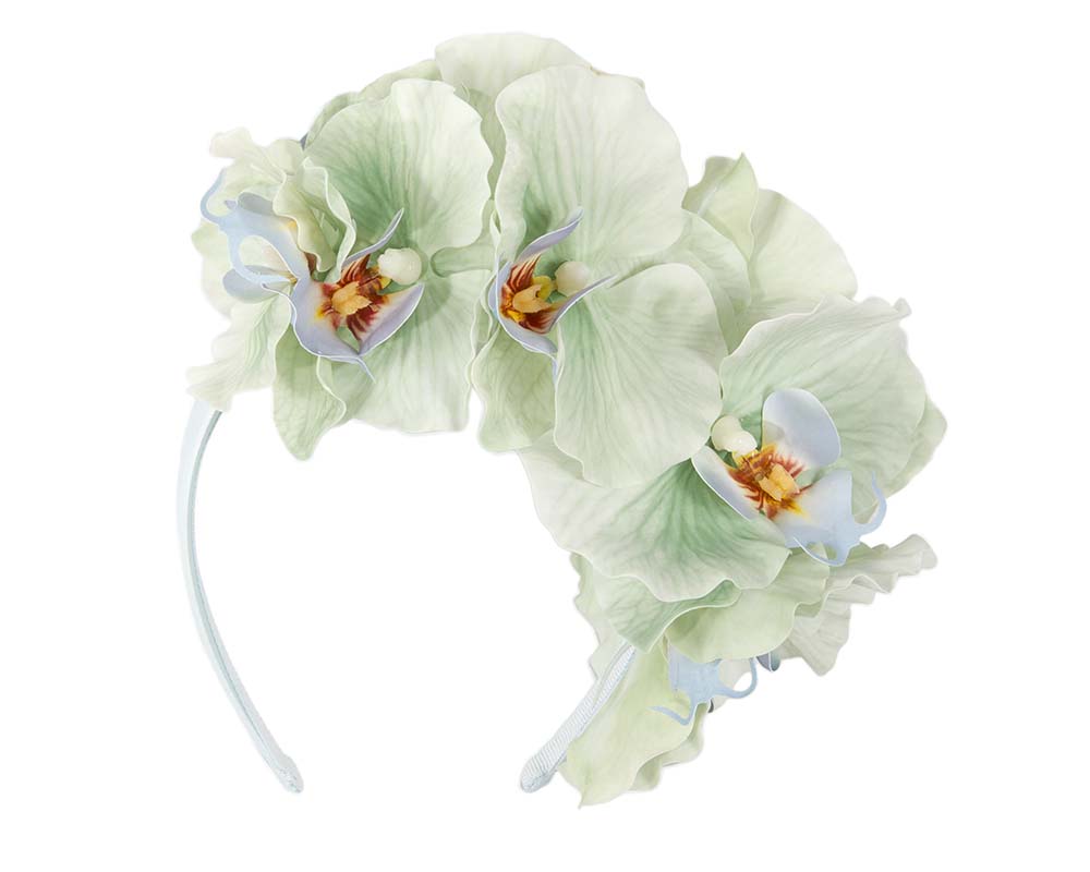 Bespoke mint green orchid flower headband by Fillies Collection