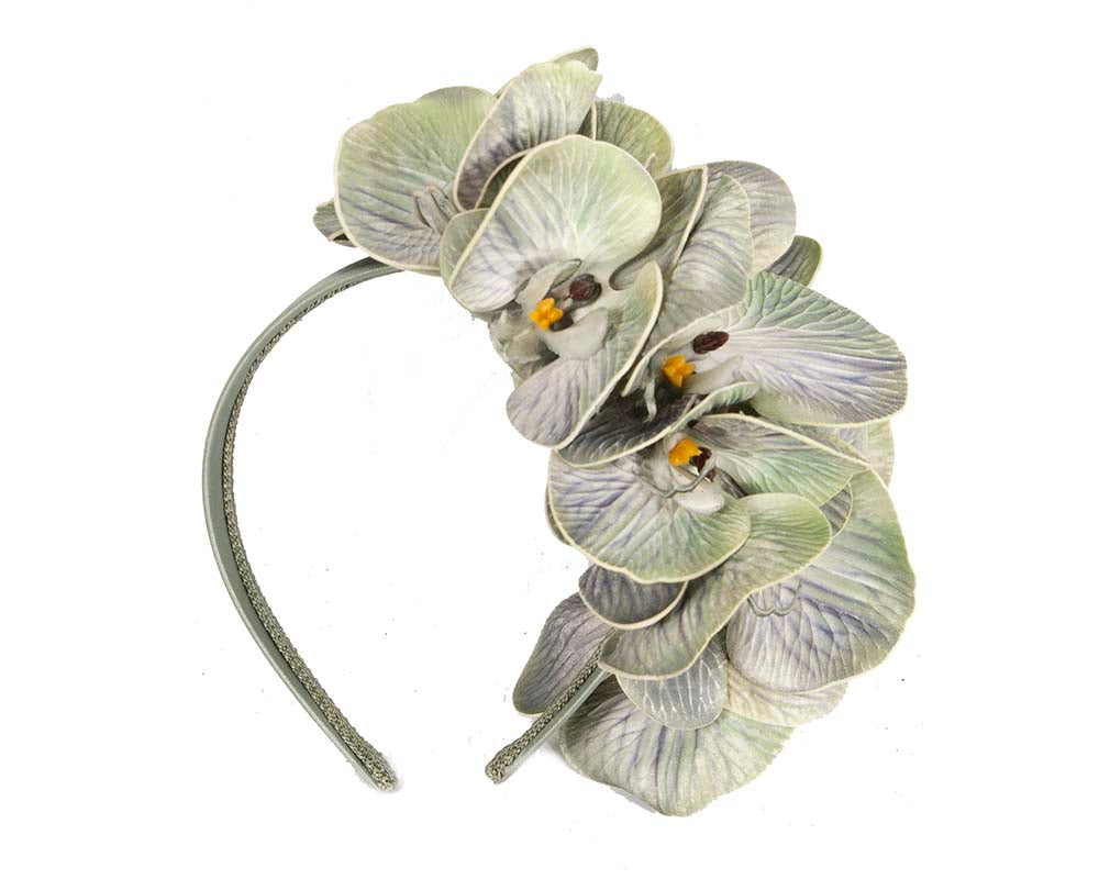 Bespoke pistachio green orchid flower headband by Fillies Collection