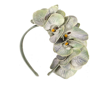Bespoke pistachio green orchid flower headband by Fillies Collection