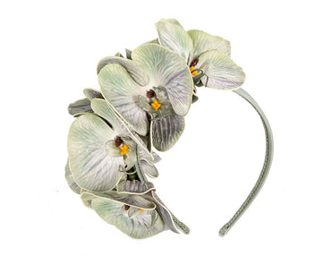 Bespoke pistachio green orchid flower headband by Fillies Collection