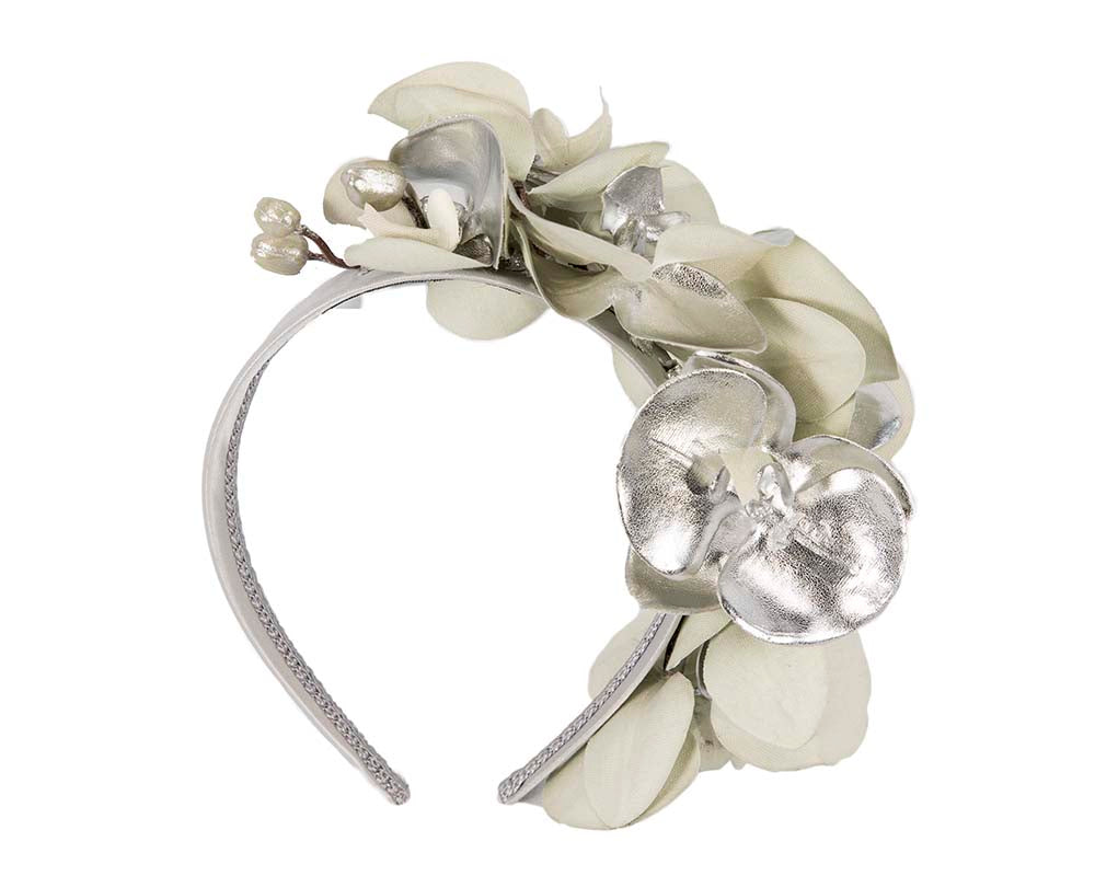Bespoke leather silver orchid flower headband