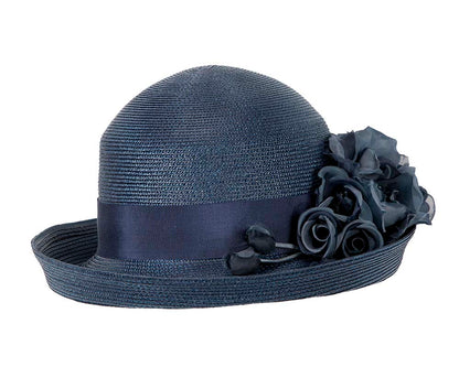 Navy hat with flower by Cupids Millinery