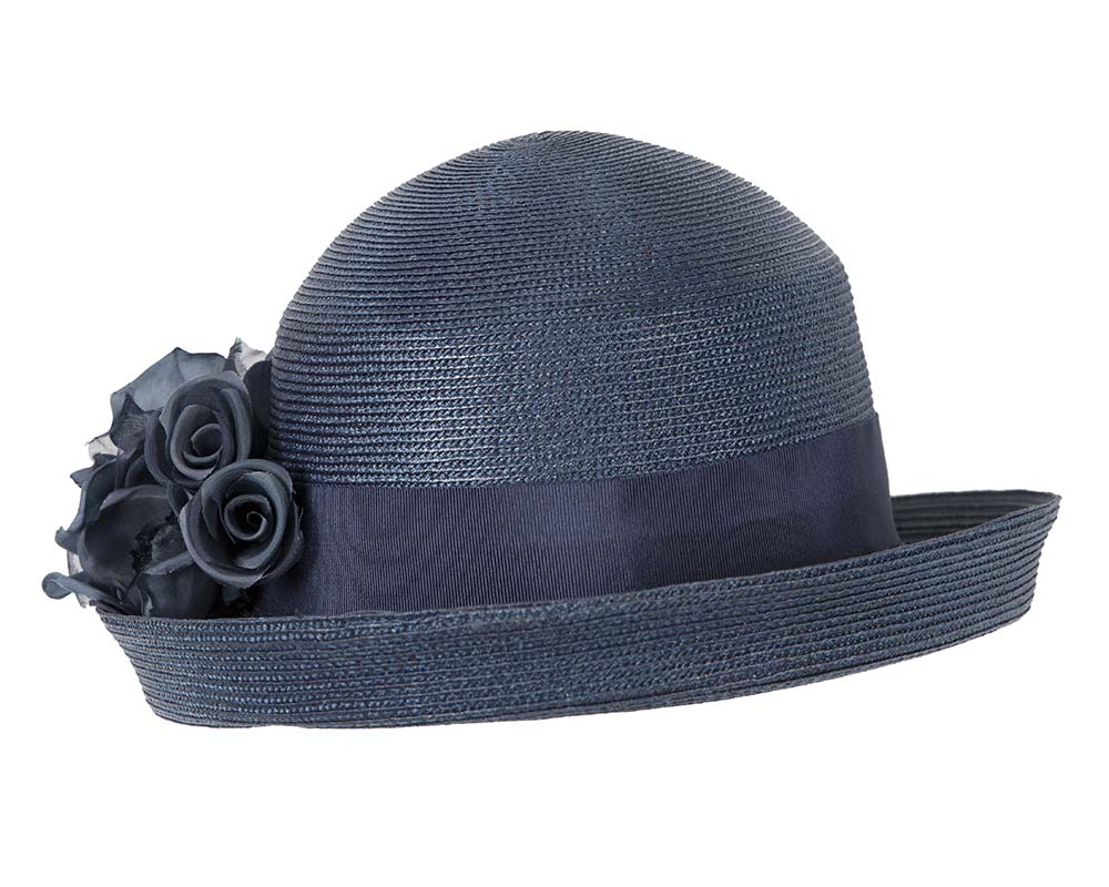 Navy hat with flower by Cupids Millinery