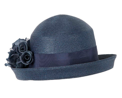 Navy hat with flower by Cupids Millinery