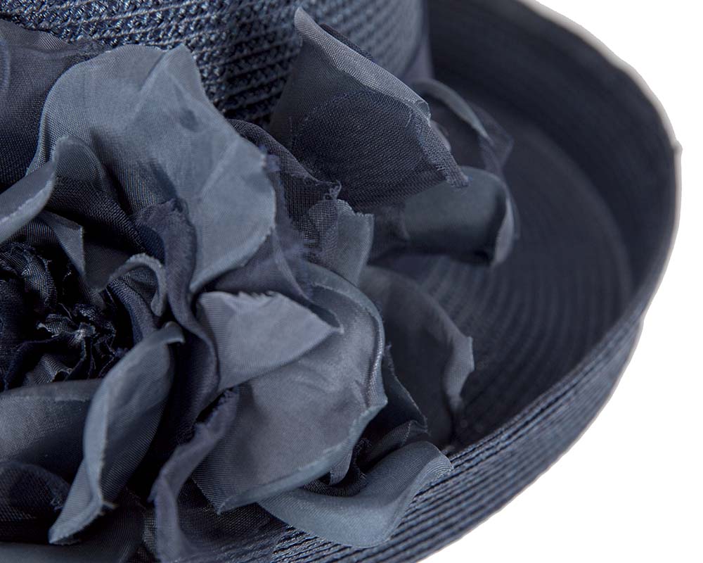 Navy hat with flower by Cupids Millinery