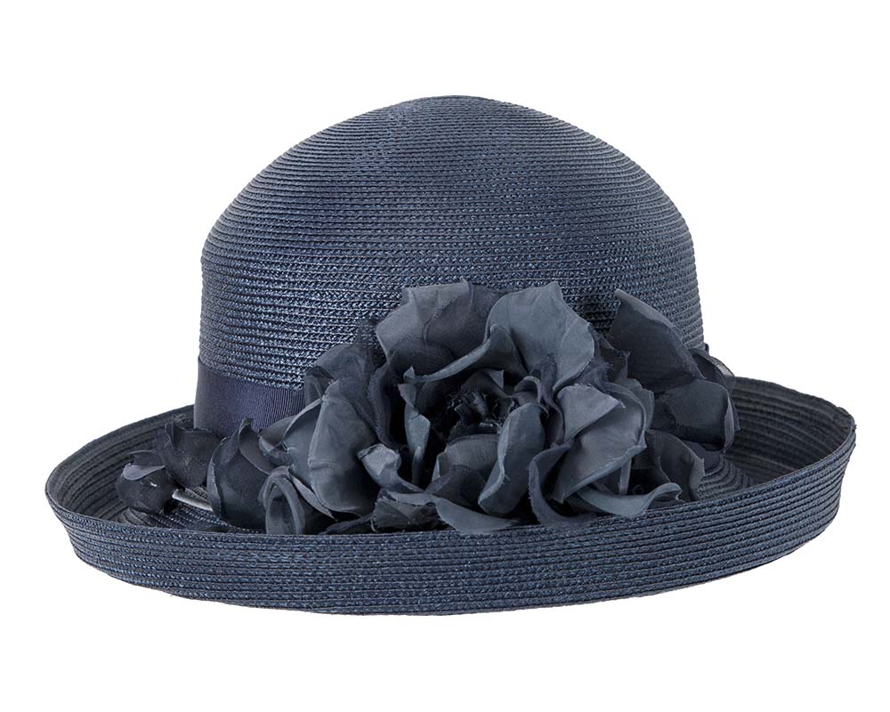 Navy hat with flower by Cupids Millinery