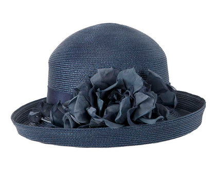 Navy hat with flower by Cupids Millinery