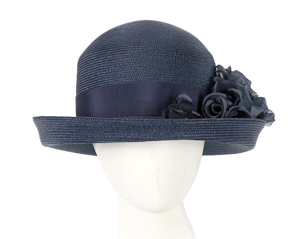 Navy hat with flower by Cupids Millinery