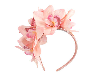 Bespoke coral pink orchid flower headband by Cupids Millinery