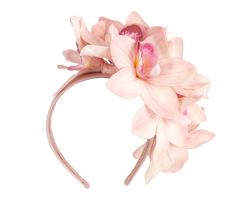 Bespoke coral pink orchid flower headband by Cupids Millinery