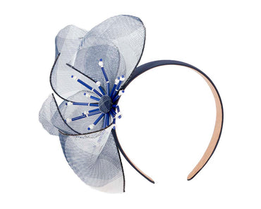 Bespoke navy flower headband by Cupids Millinery