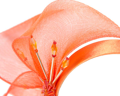 Bespoke orange flower headband by Cupids Millinery