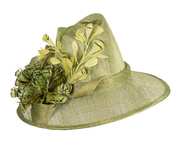 One-off green sinamay fedora hat by Cupids Millinery