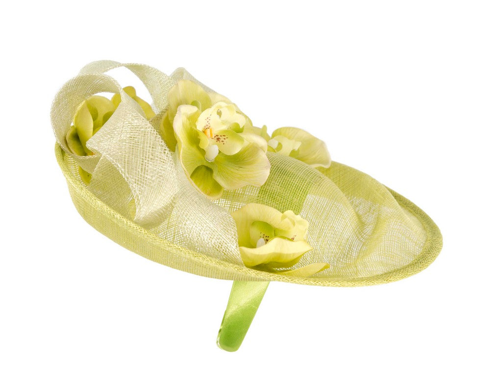 Large lime green fascinator with orchid flowers-3