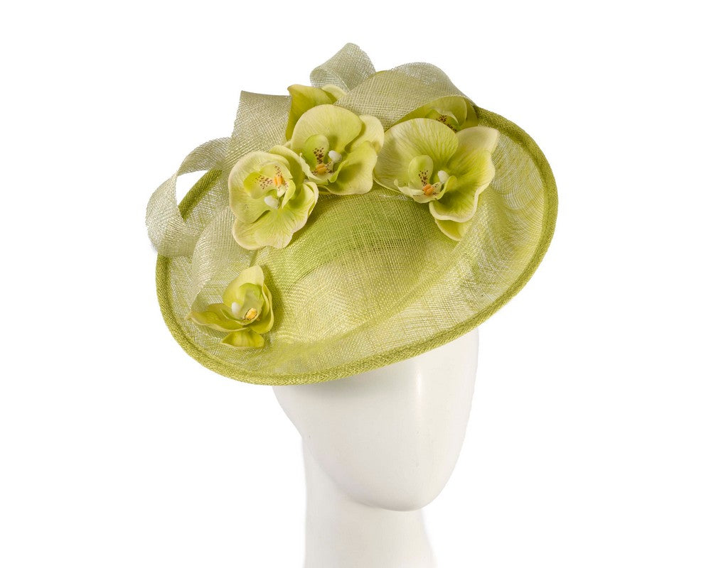 Large lime green fascinator with orchid flowers-0