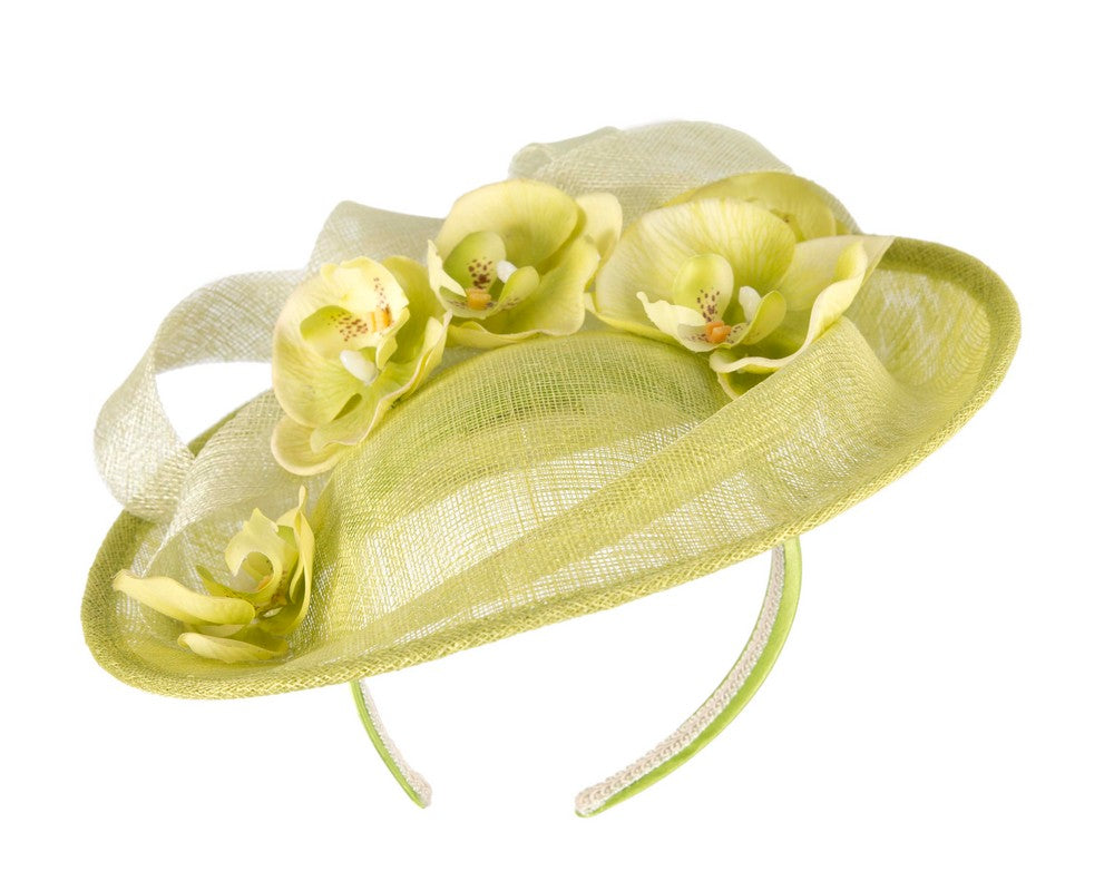 Large lime green fascinator with orchid flowers-1
