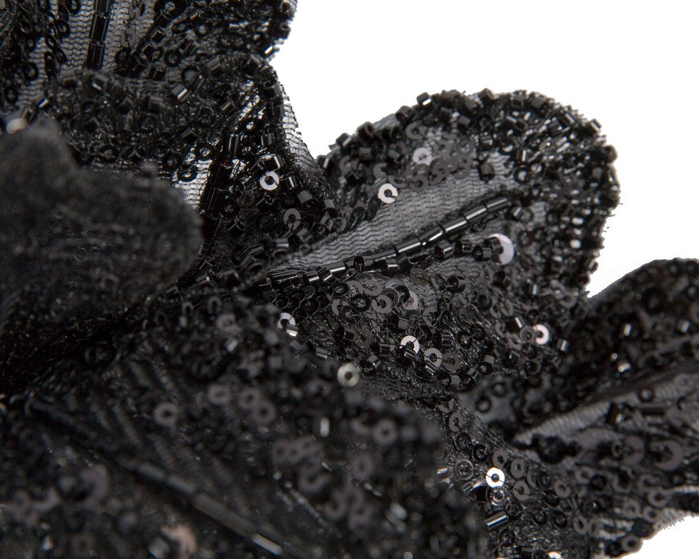 Shiny black lace fascinator by Cupids Millinery