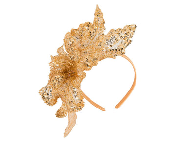 Shiny gold lace fascinator by Fillies Collection-1