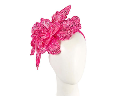 Shiny hot pink lace fascinator by Fillies Collection-0
