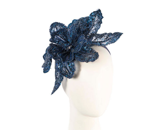 Shiny navy lace fascinator by Fillies Collection-0