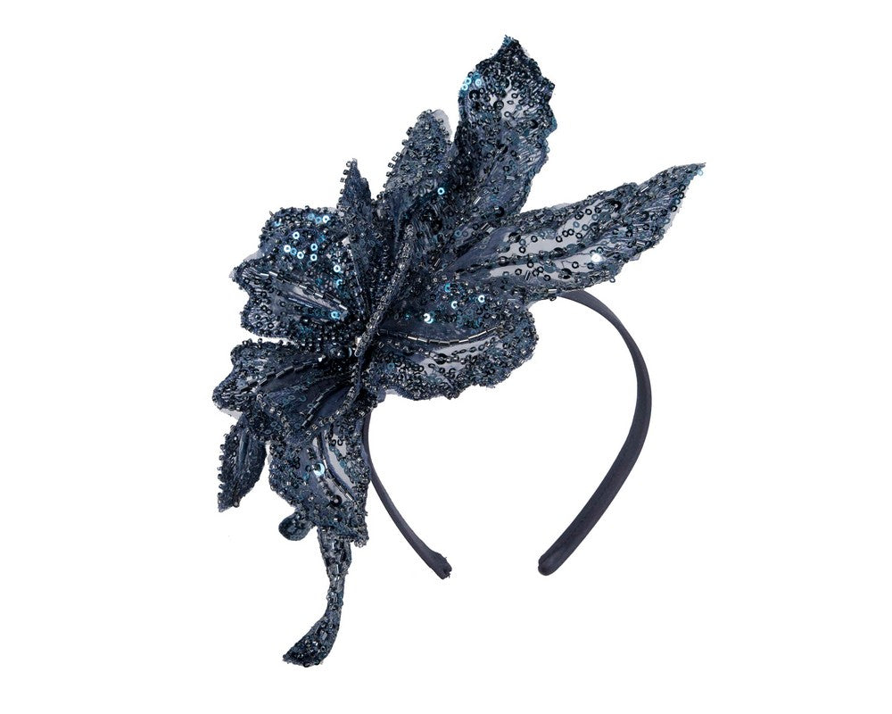 Shiny navy lace fascinator by Fillies Collection-1