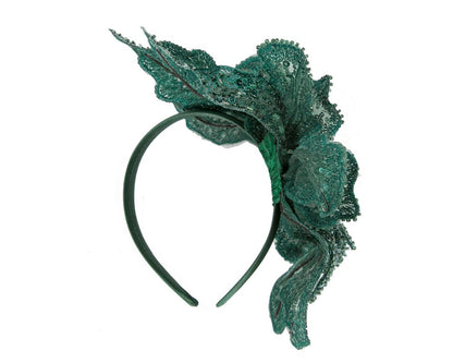 Shiny teal green lace fascinator by Cupids Millinery