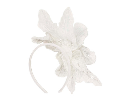 Shiny white lace fascinator by Cupids Millinery