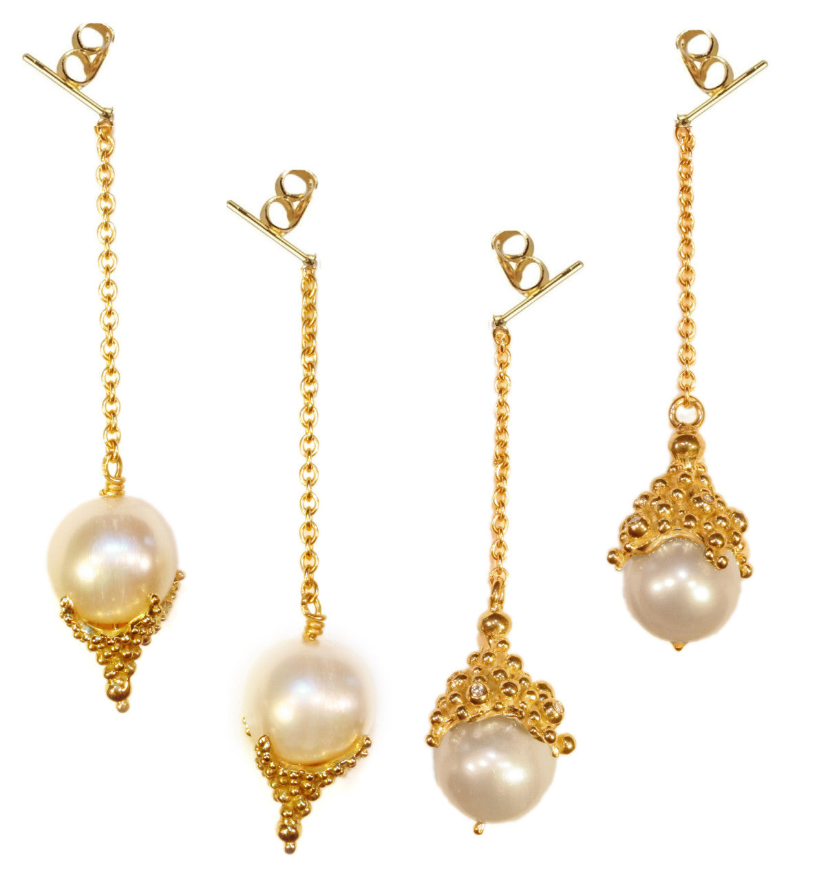 Pearl Drop Earrings-Small Dots in sterling silver or gold plate.