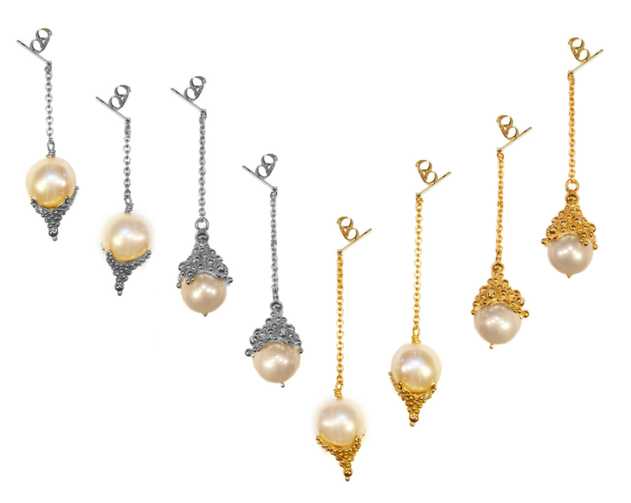 Pearl Drop Earrings-Small Dots in sterling silver or gold plate.