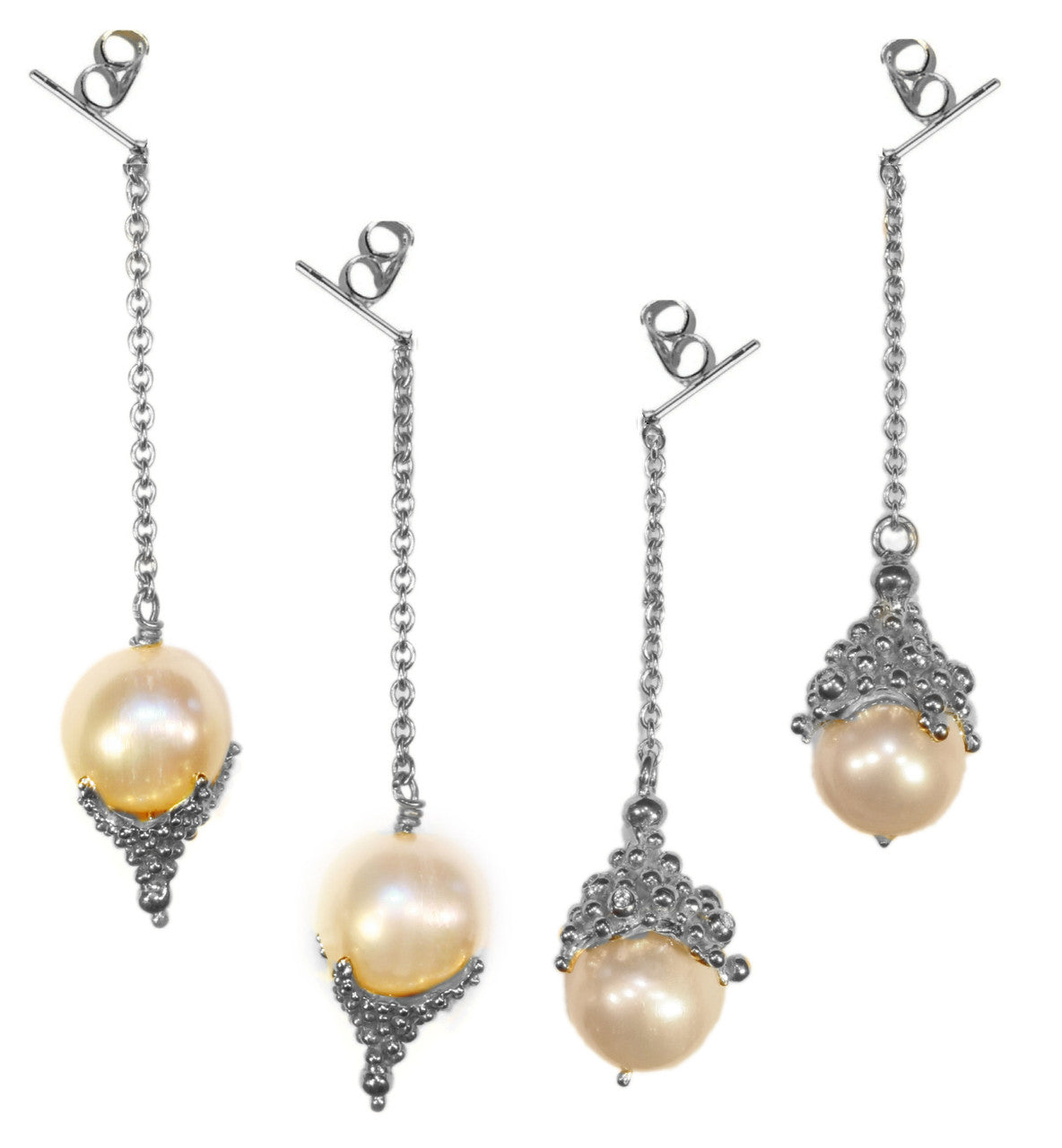 Pearl Drop Earrings-Small Dots in sterling silver or gold plate.