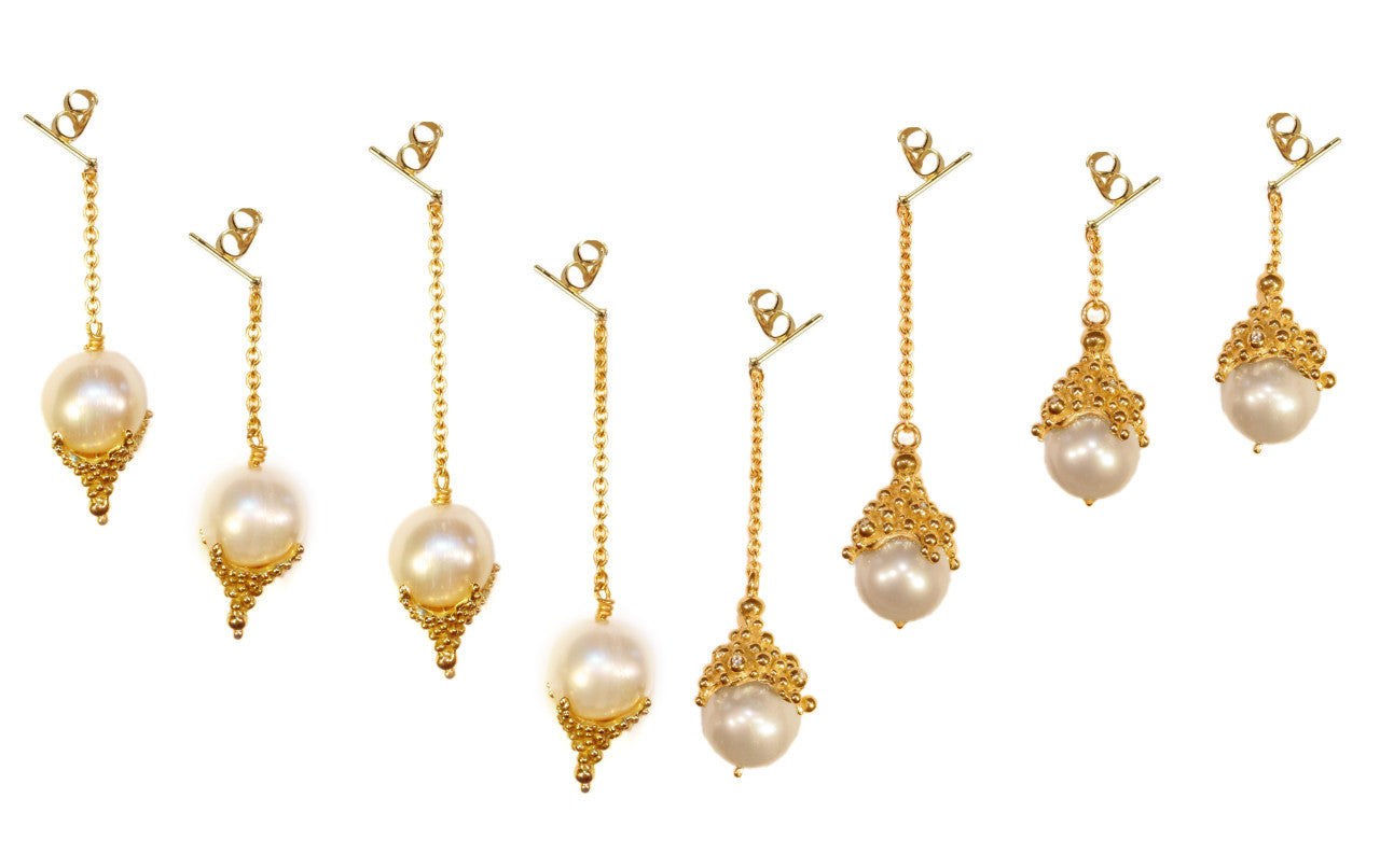 Pearl Drop Earrings-Small Dots in sterling silver or gold plate.